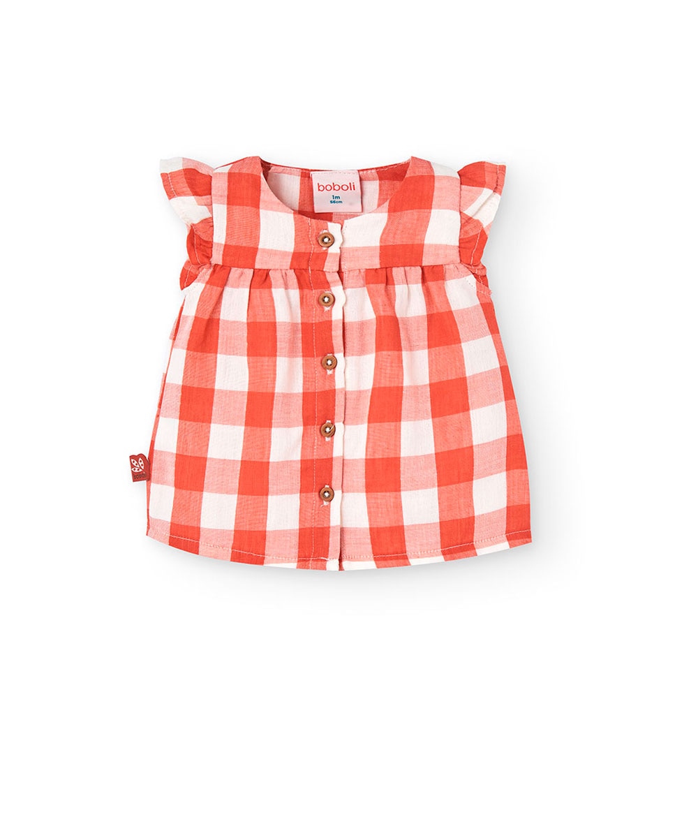 Vestido para Bebé de Algodão com Estampado Aos Quadrados Laranja-1