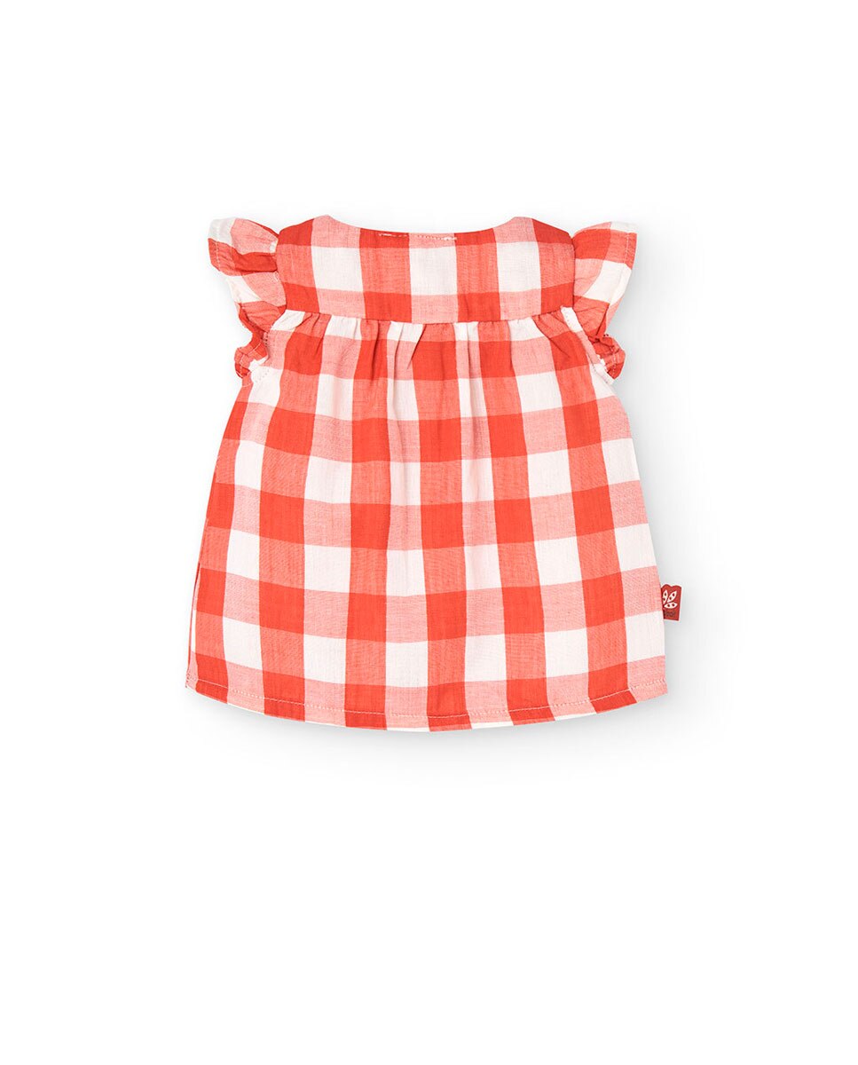 Vestido para Bebé de Algodão com Estampado Aos Quadrados Laranja-2