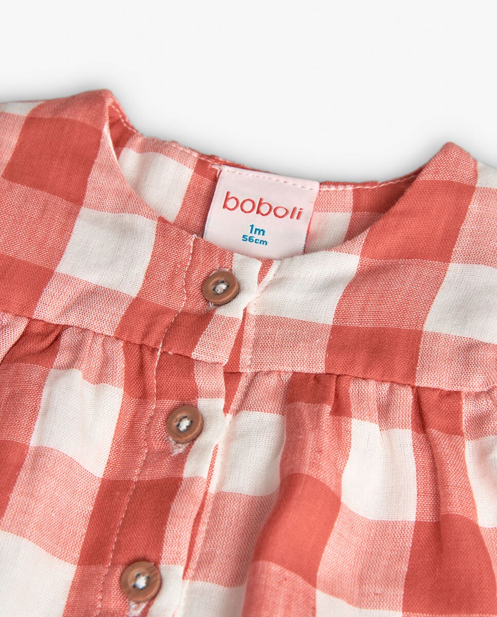 Vestido para Bebé de Algodão com Estampado Aos Quadrados Laranja-4