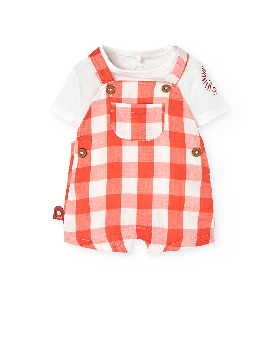 Conjunto para Bebé de T-shirt e Jardineiras Curtas Aos Quadrados Boboli Laranja-1