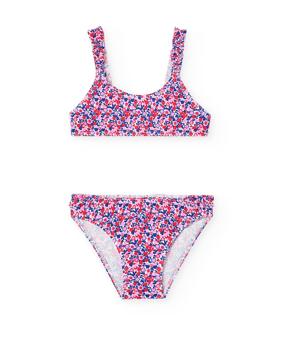 Biquíni Infantil com Estampado de Flores e Alças Franzidas Boboli Rosa-1