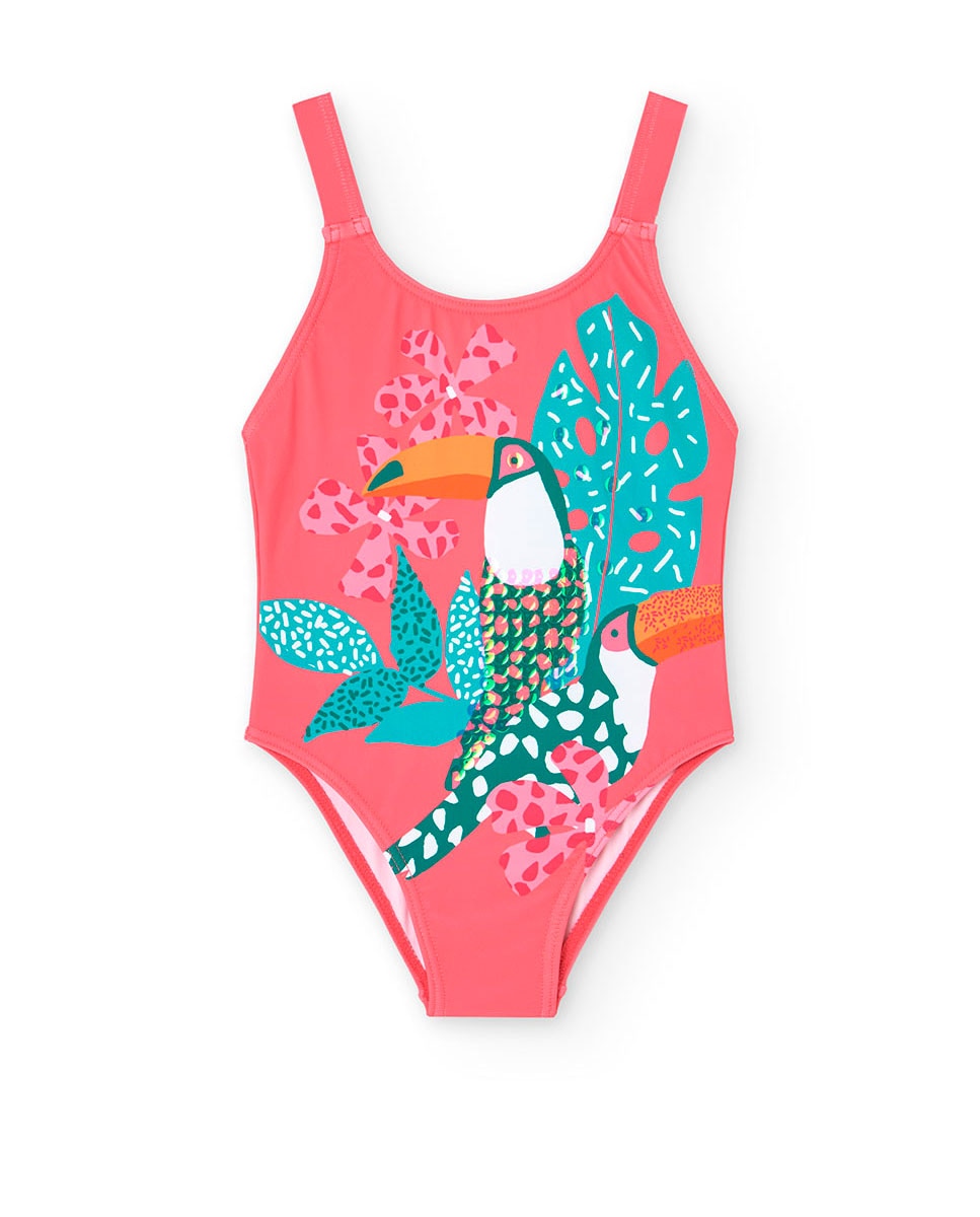 Fato de Banho Infantil com Estampado Frontal Fúcsia-1