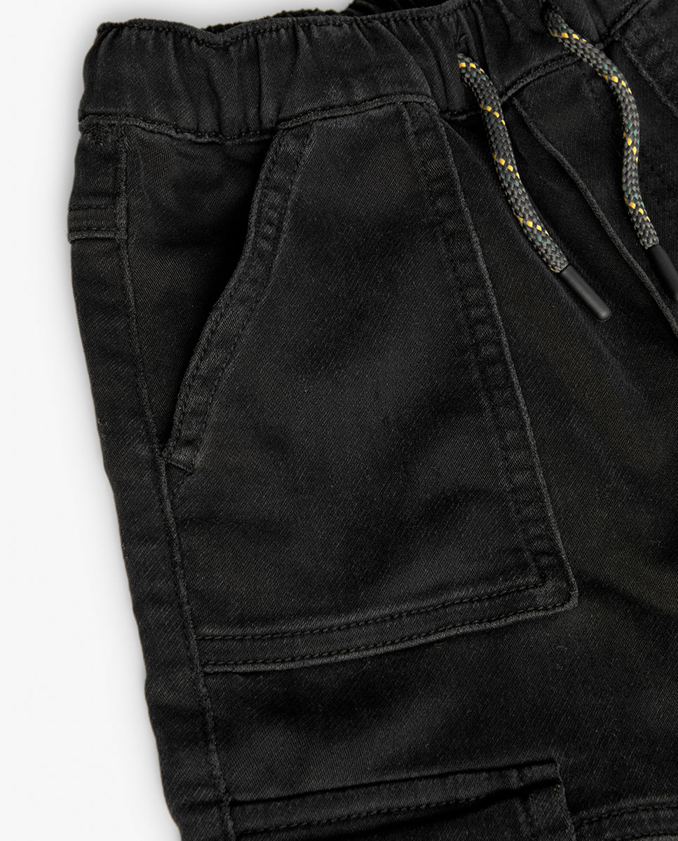 Calças Cargo Infantil com Cintura Elástica e Cordão de Ajuste Preto-3
