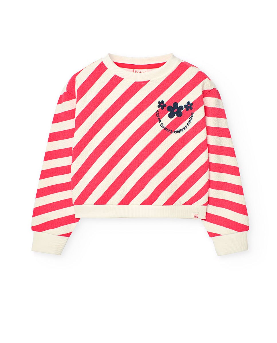 Sweat Infantil com Estampado Às Riscas e Gola Redonda Fúcsia-1