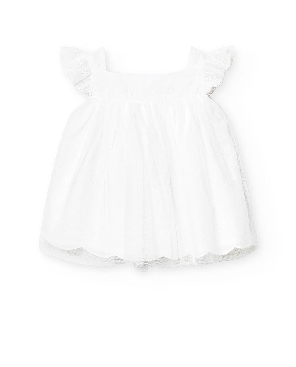Vestido para Bebé de Batista Bordada e Tule Boboli Branco-1