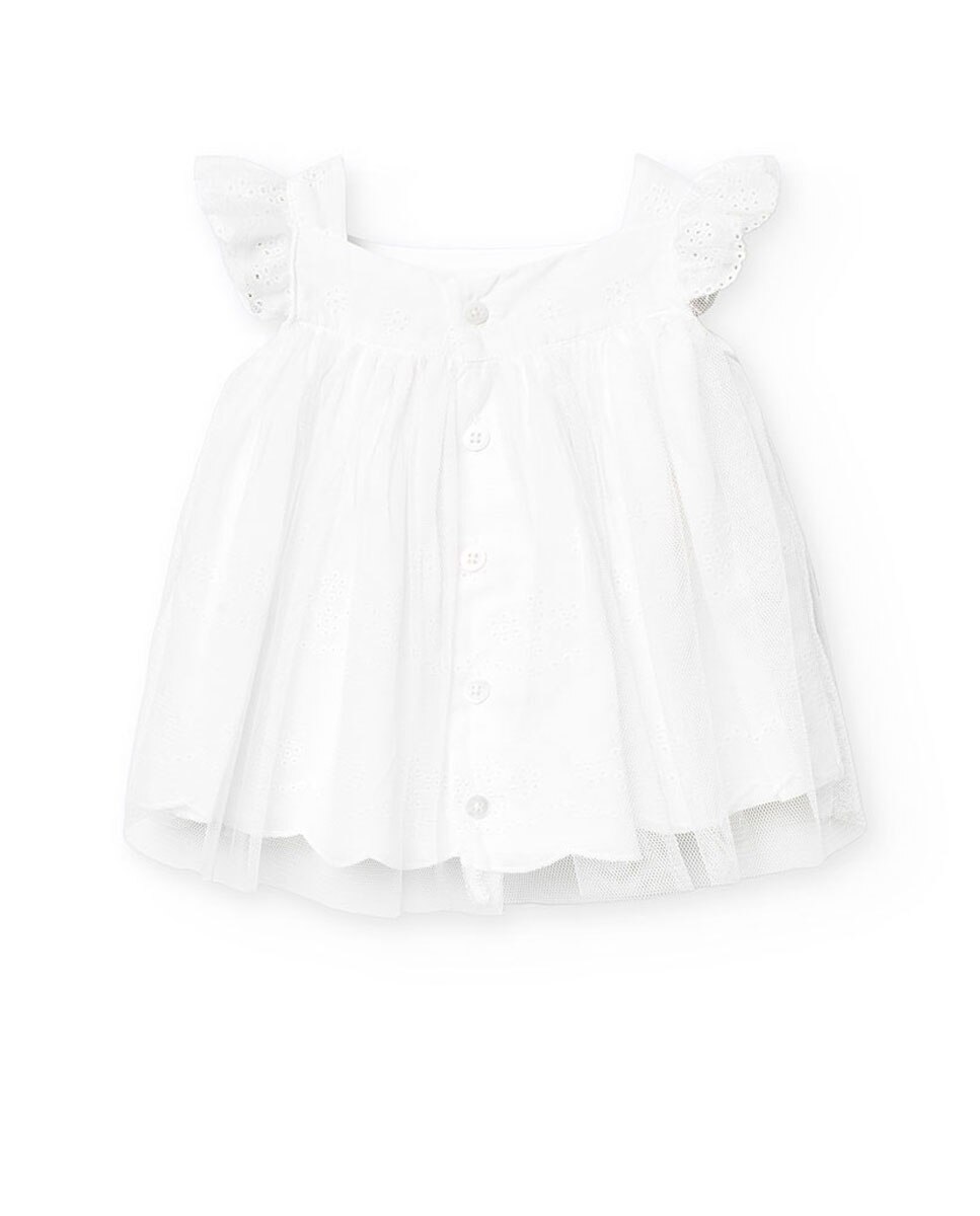 Vestido para Bebé de Batista Bordada e Tule Boboli Branco-2
