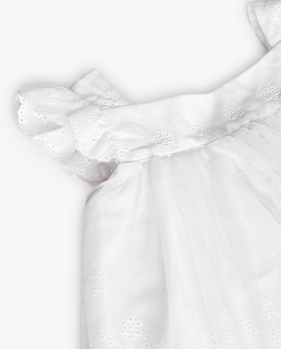 Vestido para Bebé de Batista Bordada e Tule Boboli Branco-4