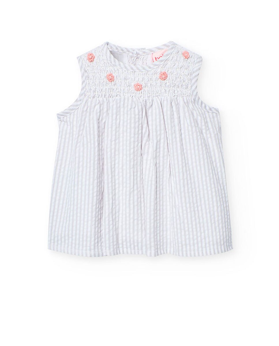 Vestido para Bebé de Algodão com Estampado Às Riscas Boboli Cinzento-claro-1
