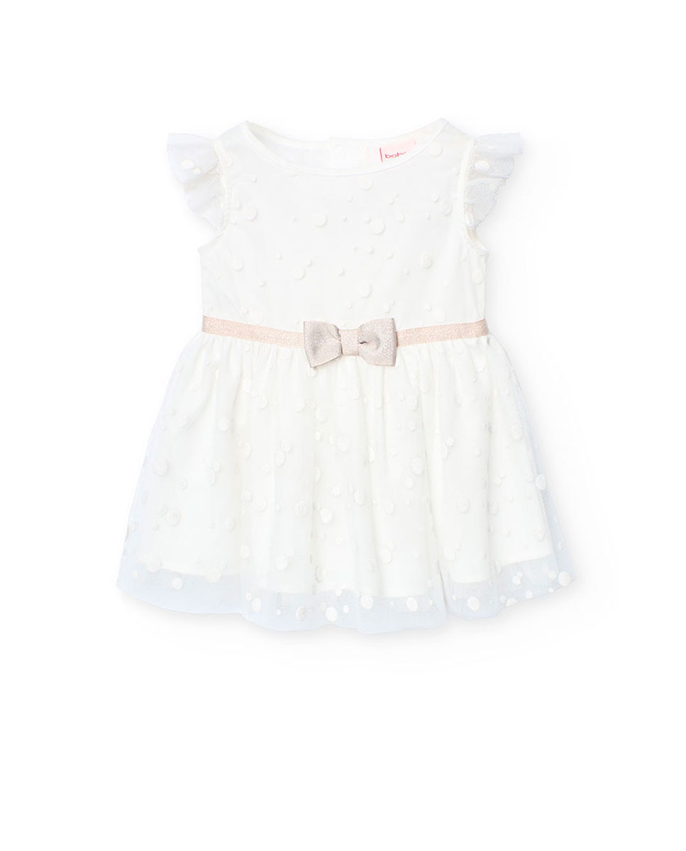 Vestido Infantil de Tule com Bolinhas e Laço Decorativo Branco-1
