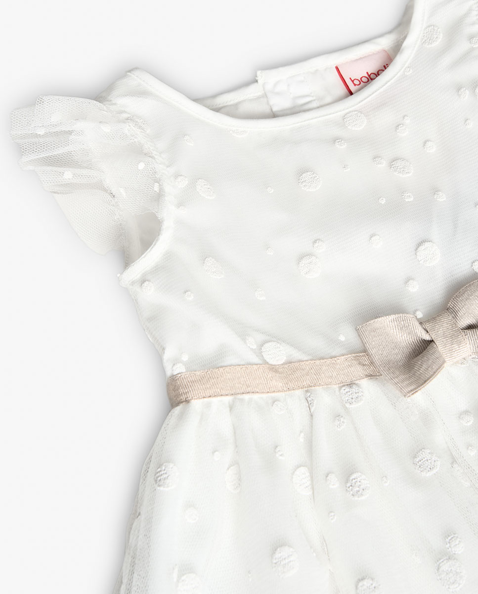 Vestido Infantil de Tule com Bolinhas e Laço Decorativo Branco-3