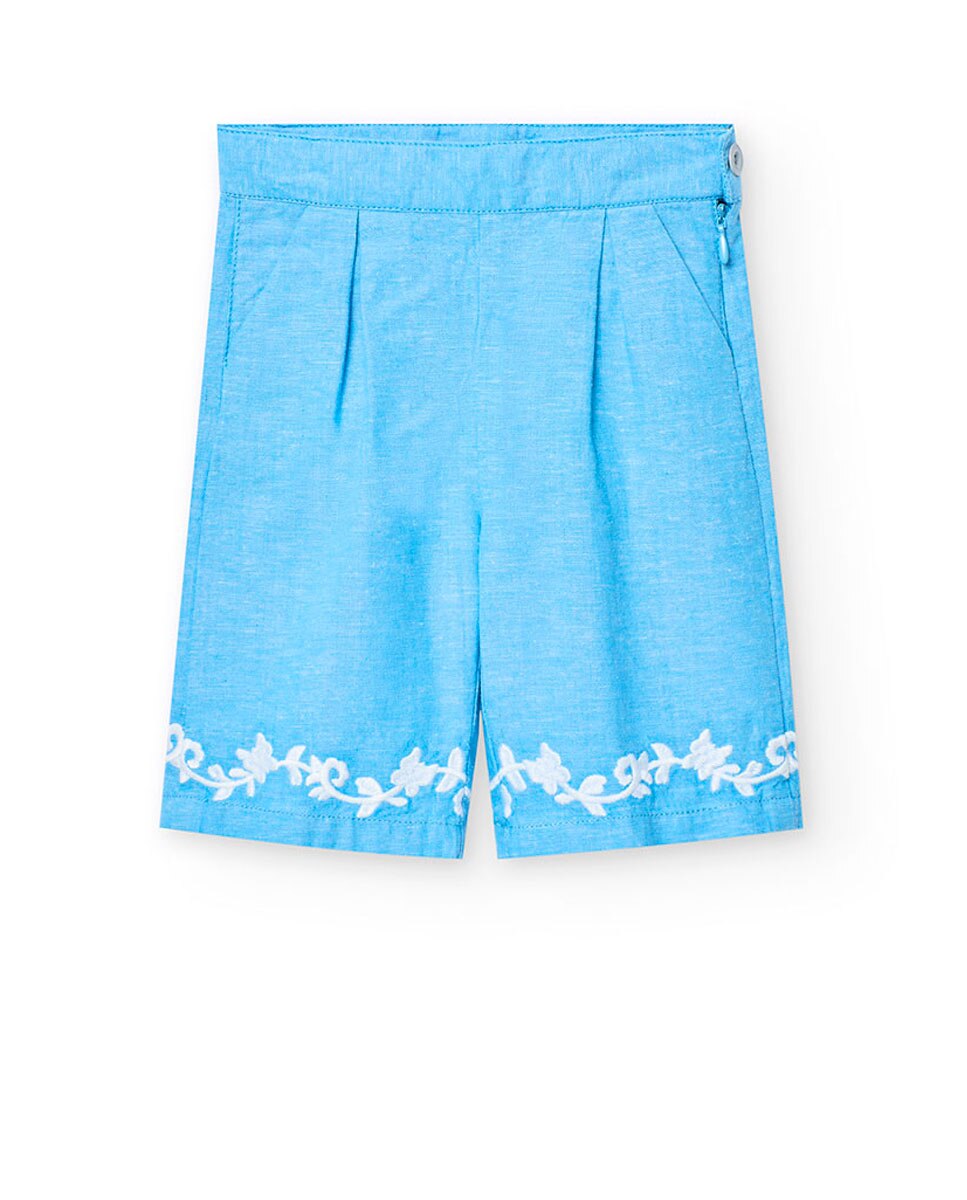 Calças de Bebé Amplas com Detalhe de Flores Bordadas Boboli Azul-claro-1