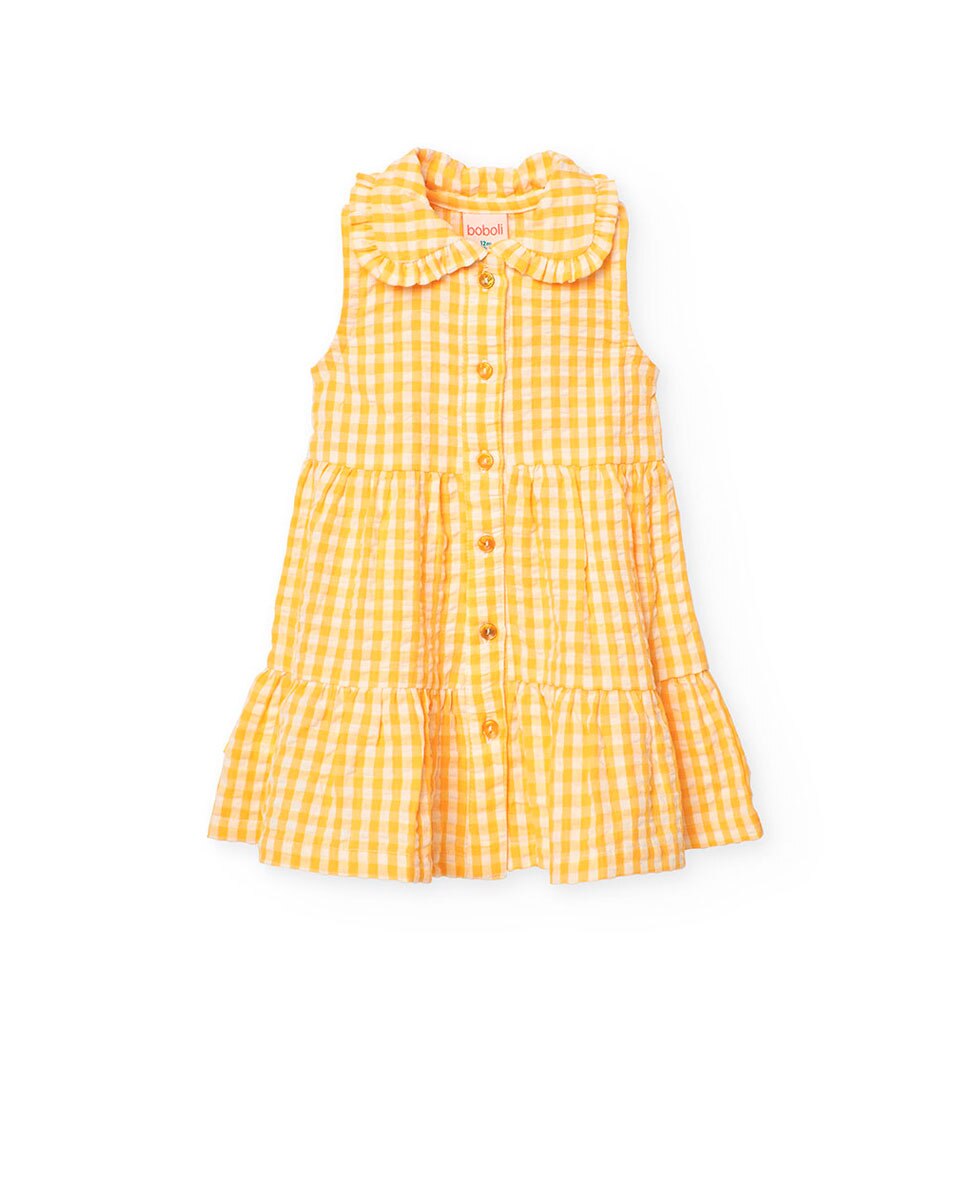 Vestido para Bebé de Algodão com Estampado Aos Quadrados Amarelo-1