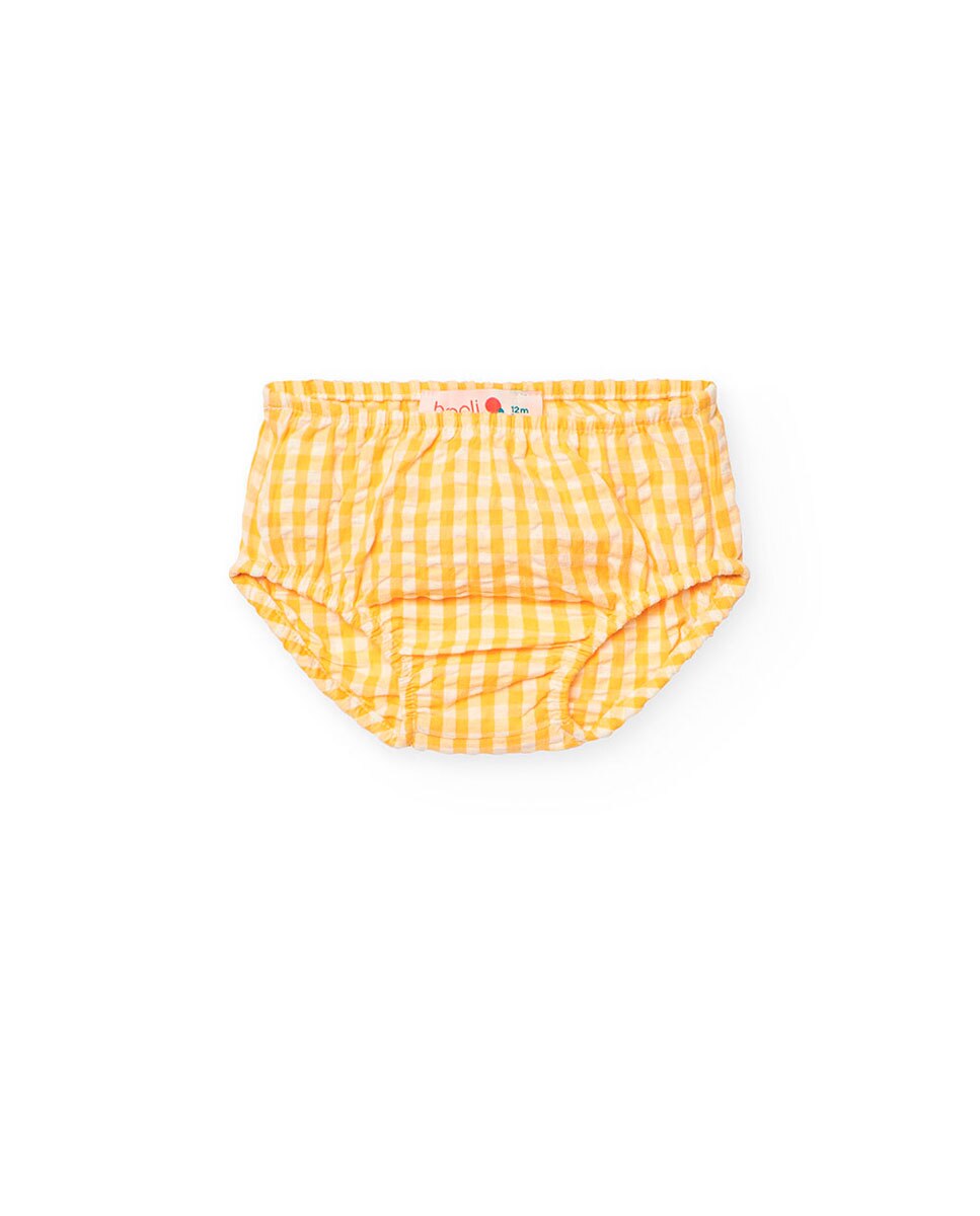 Vestido para Bebé de Algodão com Estampado Aos Quadrados Amarelo-3