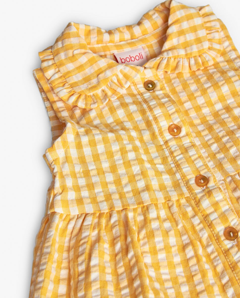 Vestido para Bebé de Algodão com Estampado Aos Quadrados Amarelo-4