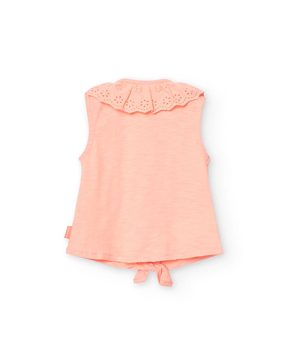 T-shirt para Bebé de Algodão com Gola Folho Bordada Boboli Salmão-2