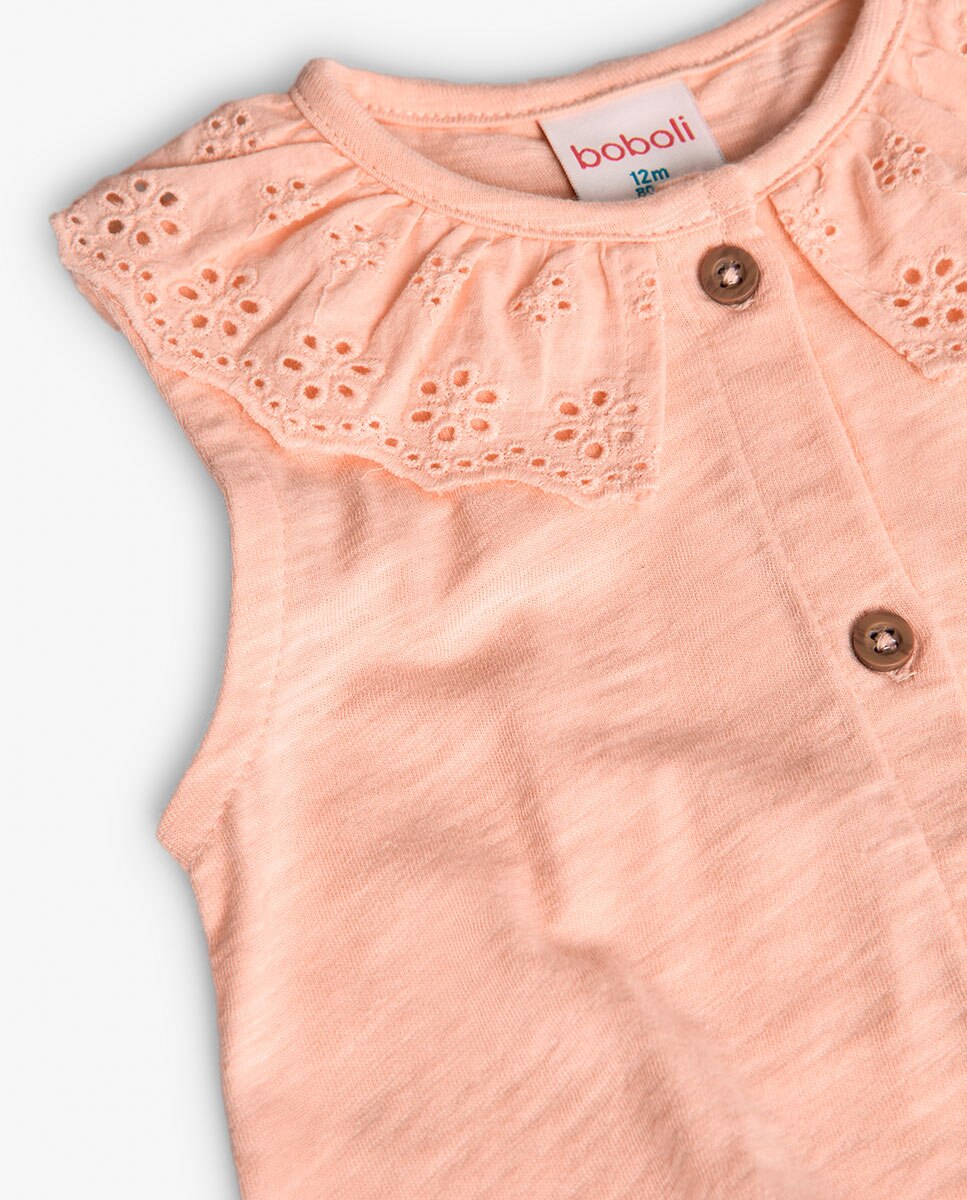T-shirt para Bebé de Algodão com Gola Folho Bordada Boboli Salmão-3