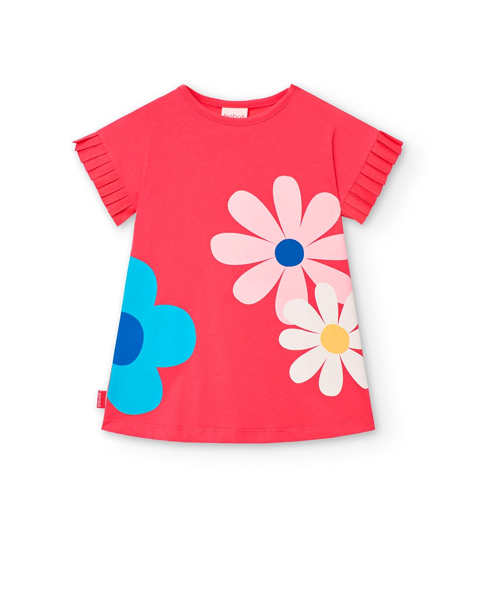 Vestido para Bebé de Manga Curta com Detalhes Plissados Boboli Fúcsia-1