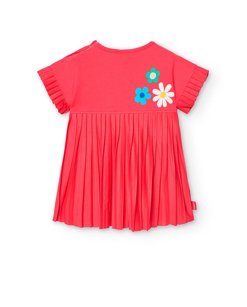 Vestido Infantil de Manga Curta com Detalhes Plissados Boboli Fúcsia-2