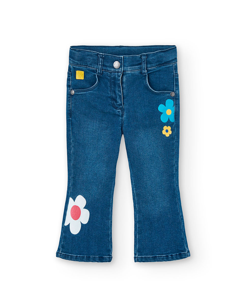 Jeans À Boca de Sino com Detalhe de Flores Boboli Azul-1