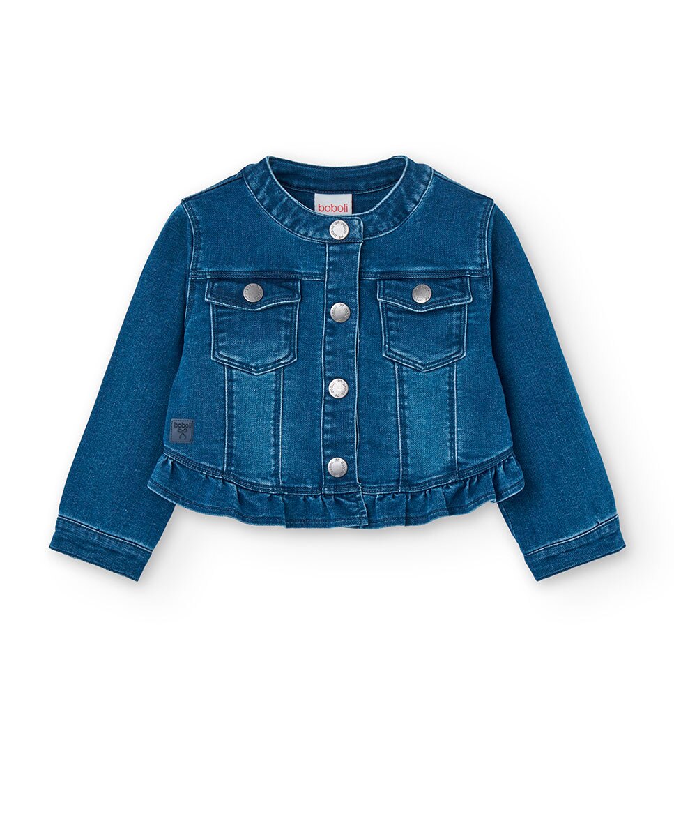 Blusão Denim com Folho e Gola Redonda Azul-1