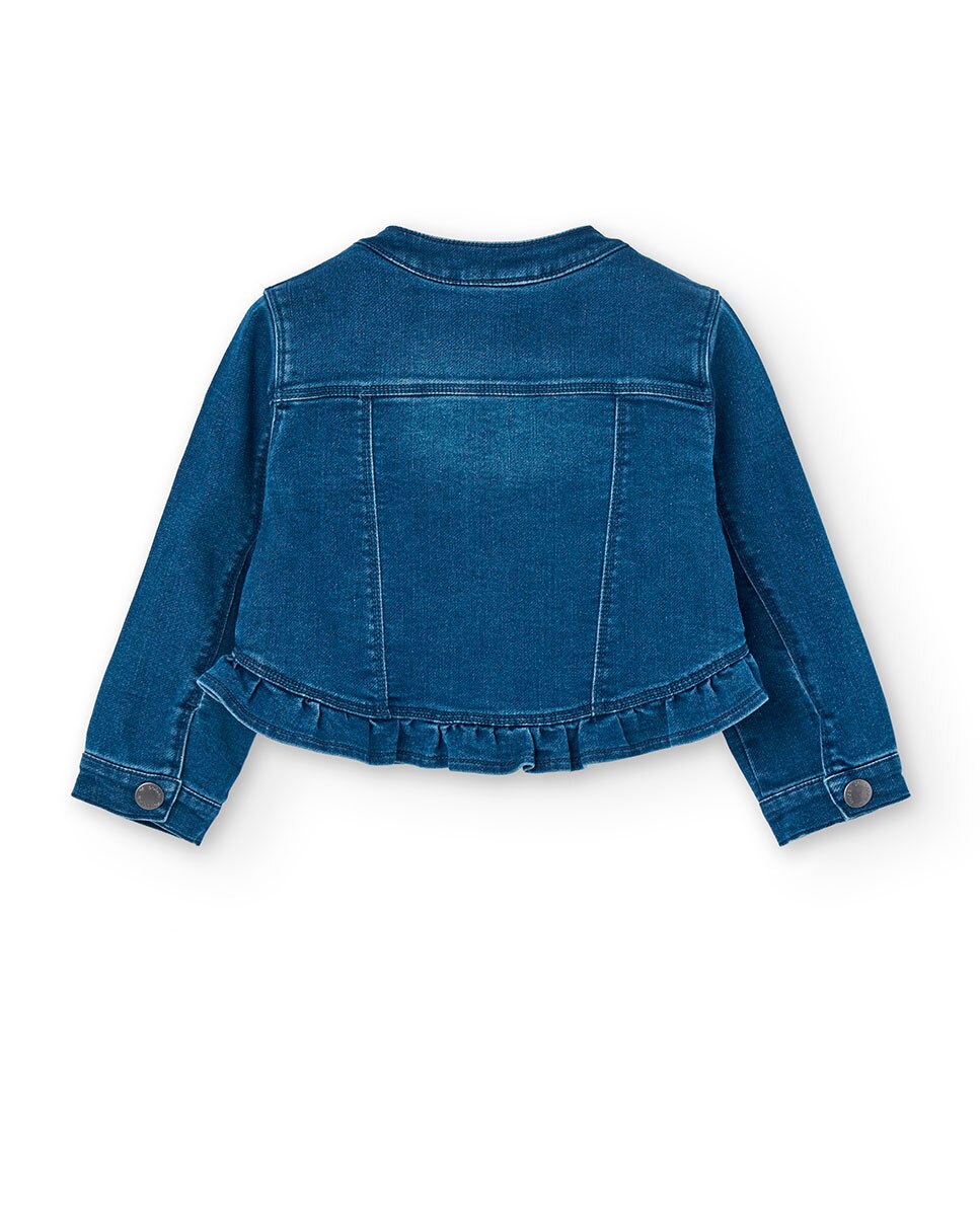 Blusão Denim com Folho e Gola Redonda Azul-2