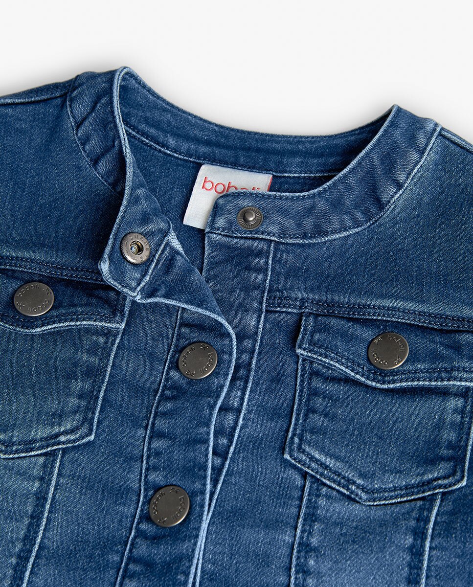 Blusão Denim com Folho e Gola Redonda Azul-3
