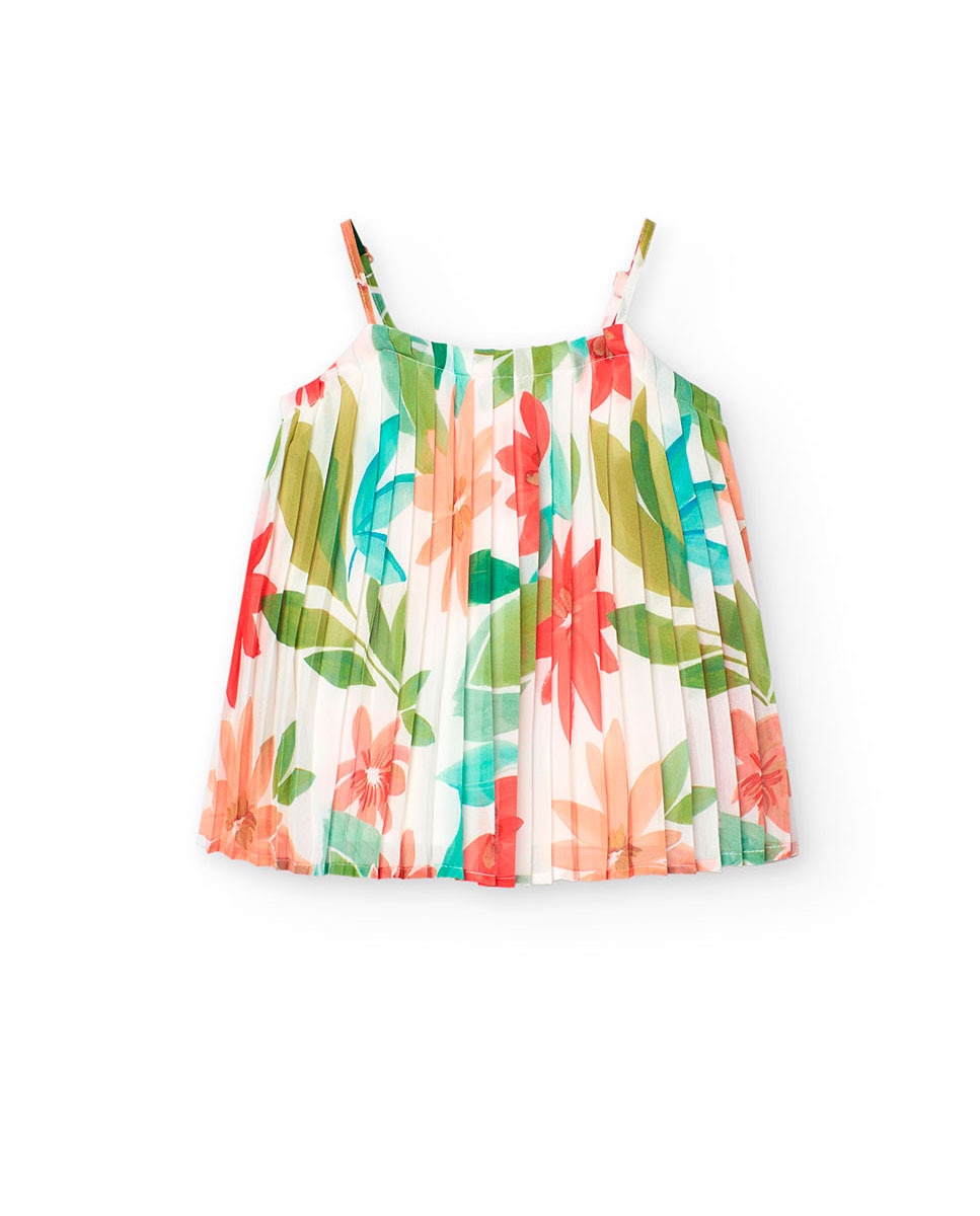 Blusa Plissada com Estampado de Flores Boboli Multicolor-1