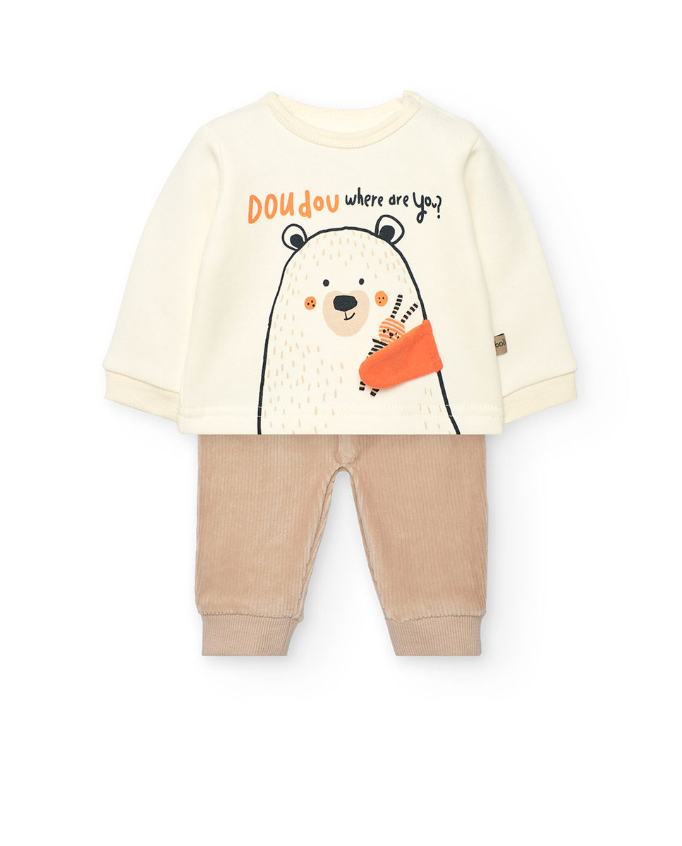 Conjunto para Bebé de Sweatshirt com Desenho Frontal e Calças Boboli Creme-1