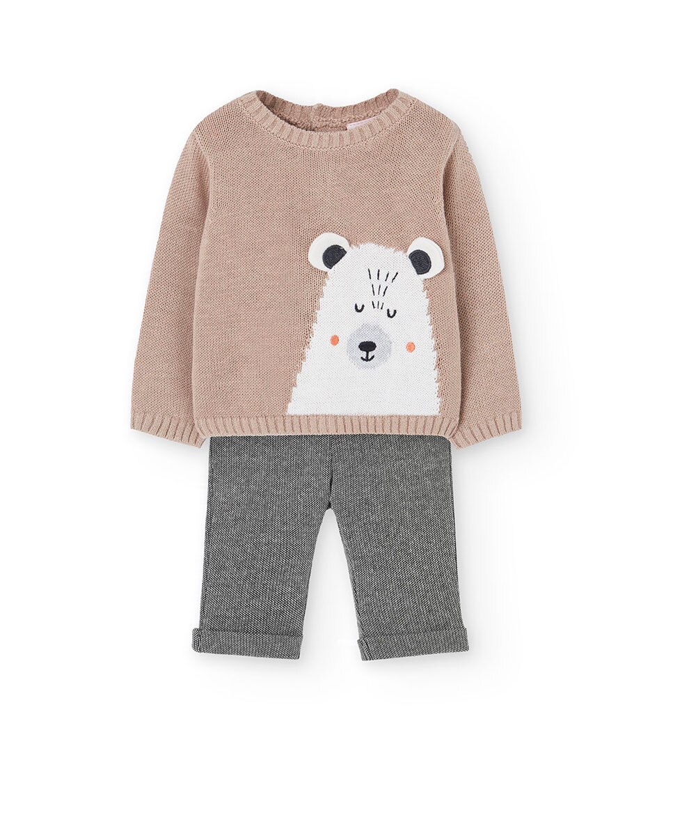Conjunto para Bebé de Camisola com Urso e Calças Boboli Bege-1