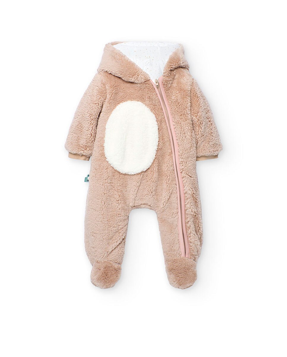 Babygrow de Pelo para Bebé com Capuz e Fecho Frontal Boboli Bege-1