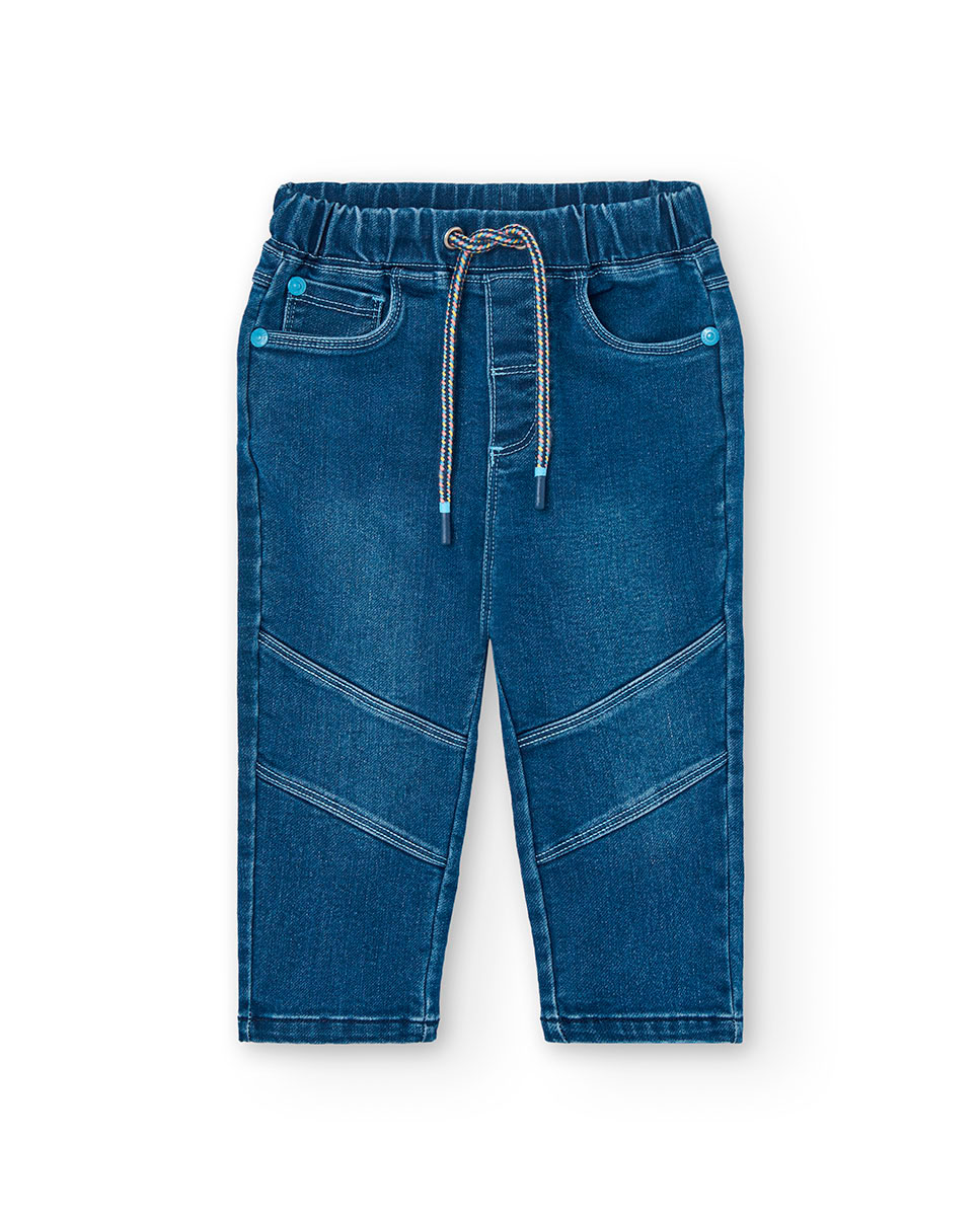 Jeans para Bebé de Malha com Cintura Elástica e Cordão de Ajuste Boboli Azul-1