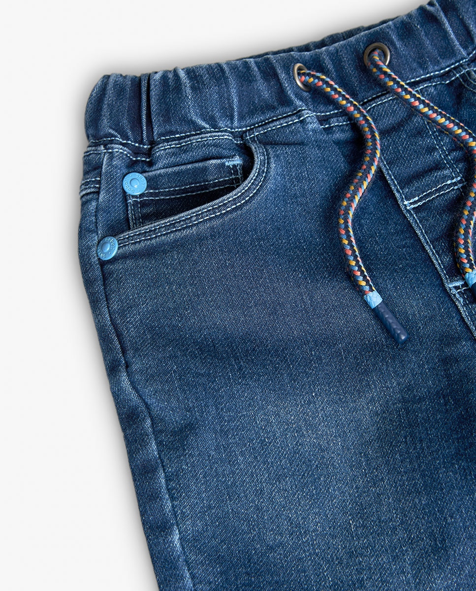 Jeans para Bebé de Malha com Cintura Elástica e Cordão de Ajuste Boboli Azul-3