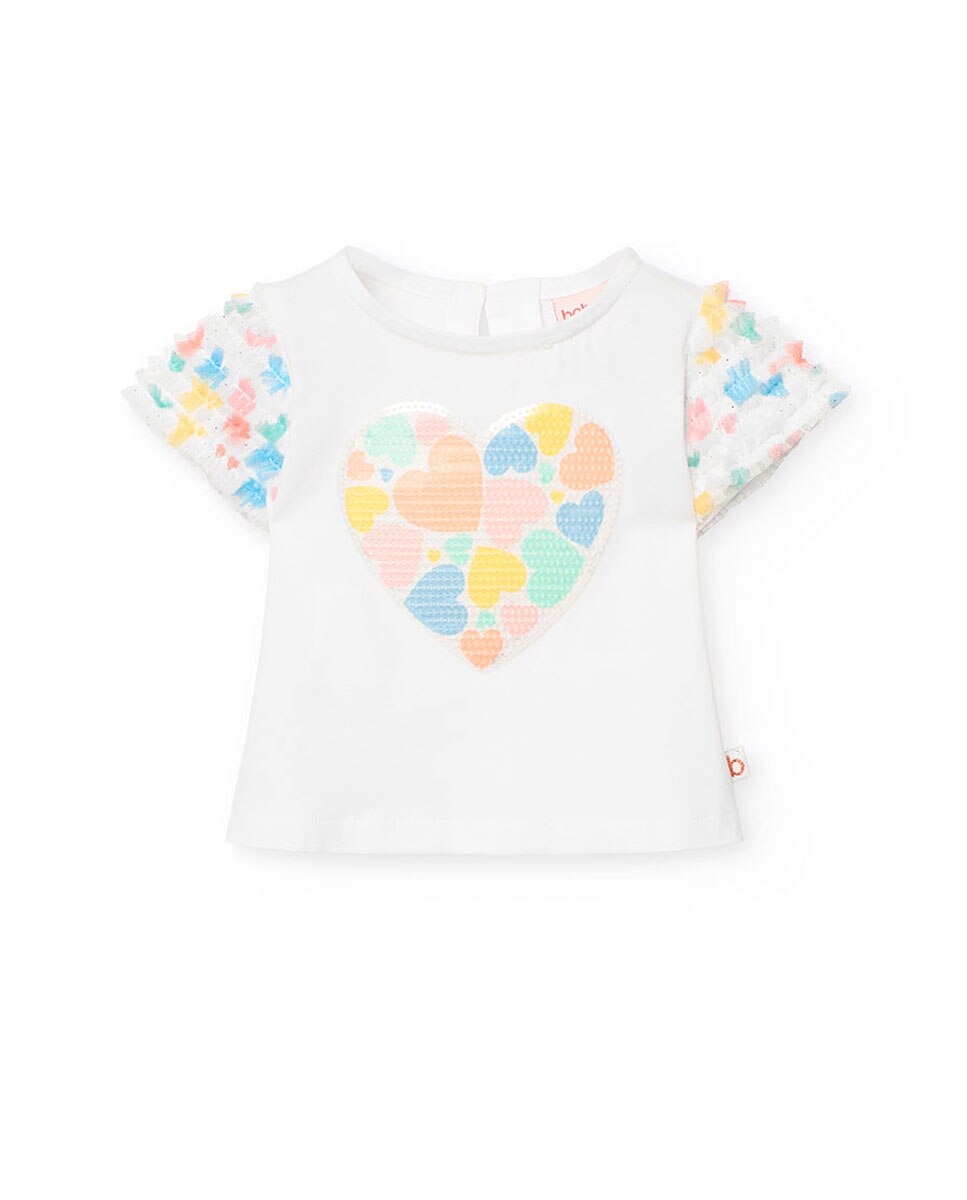 T-shirt para Bebé de Manga Curta com Corações Boboli Branco-1