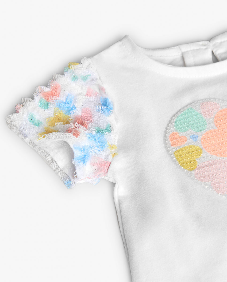 T-shirt para Bebé de Manga Curta com Corações Boboli Branco-4