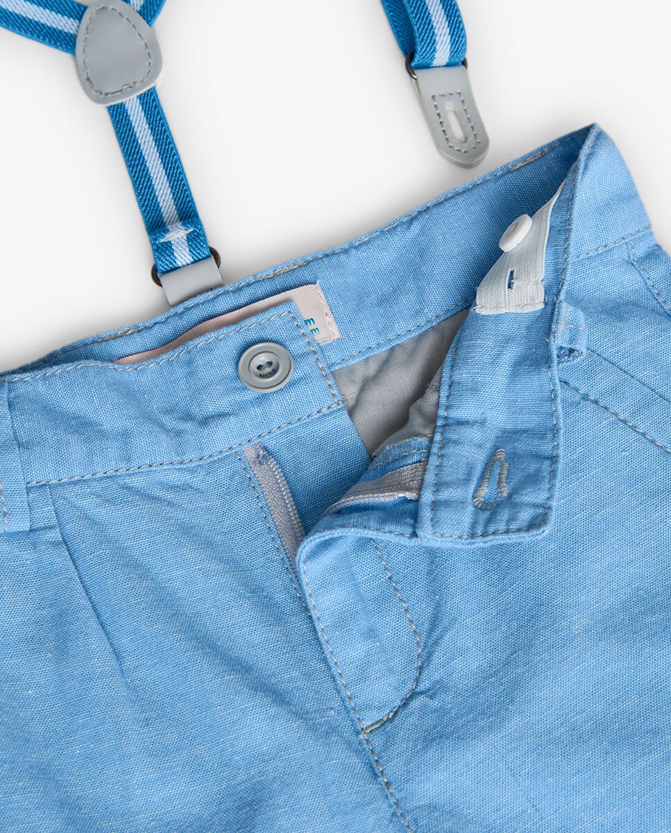 Bermudas para Bebé Lisas com Fecho de Botão e Suspensórios Boboli Azul-claro-3