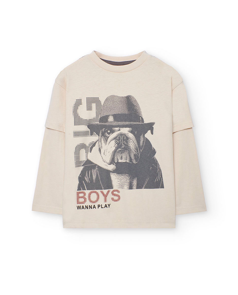 T-shirt Infantil com Desenho Frontal e Manga Comprida Boboli Cru-1