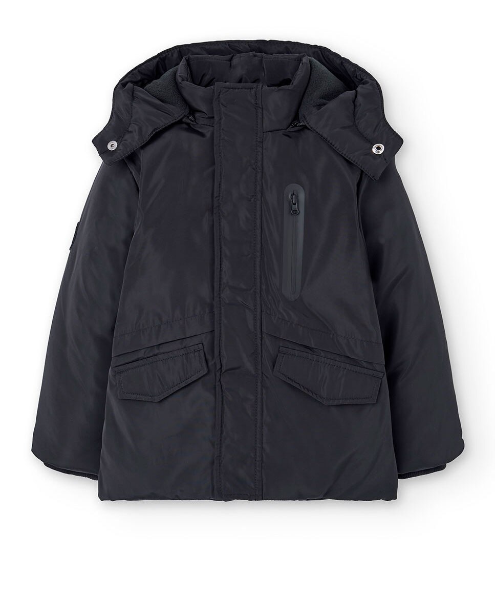 Parka Comprida Infantil com Fecho Zip e Capuz Boboli Preto-1