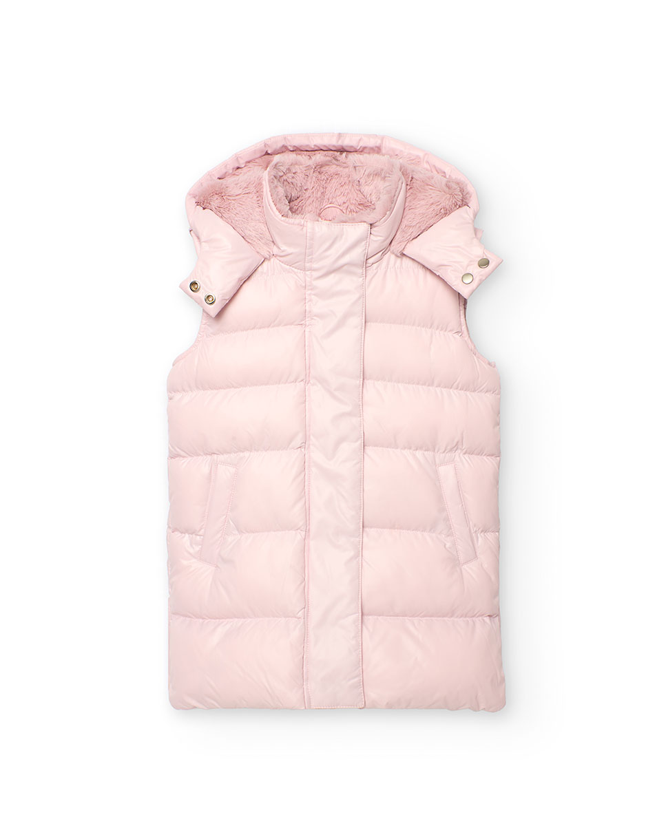Colete Acolchoado Infantil com Bolsos Frontais e Capuz Boboli Rosa-claro-1