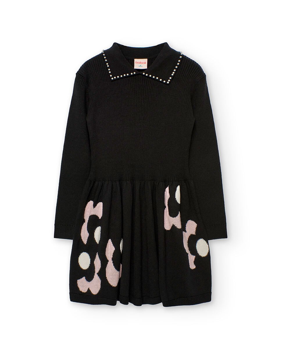 Vestido Infantil com Manga Comprida e Gola Tipo Camisa Preto-1
