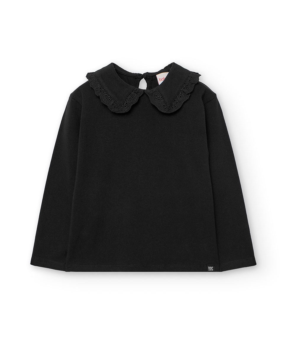 T-shirt Infantil com Gola Tipo Camisa e Manga Comprida Boboli Preto-1