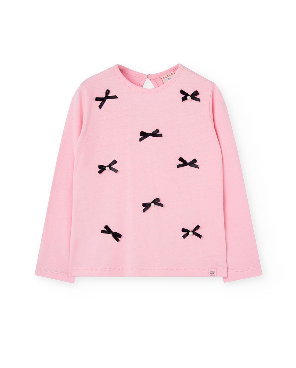 T-shirt Infantil com Laços e Pérolas Decorativas Boboli Rosa-1