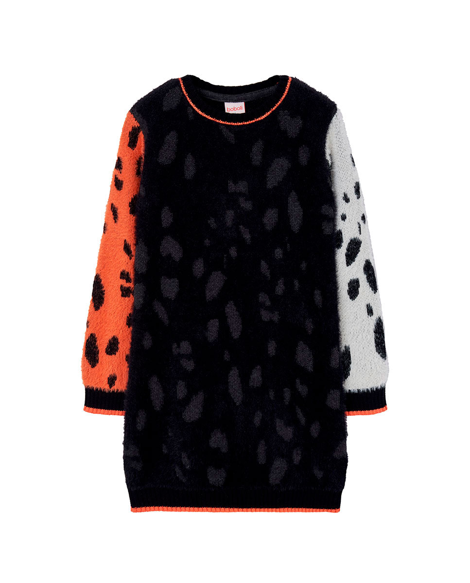 Vestido Infantil com Estampado de Animal Print e Gola Redonda Boboli Preto / Laranja-1