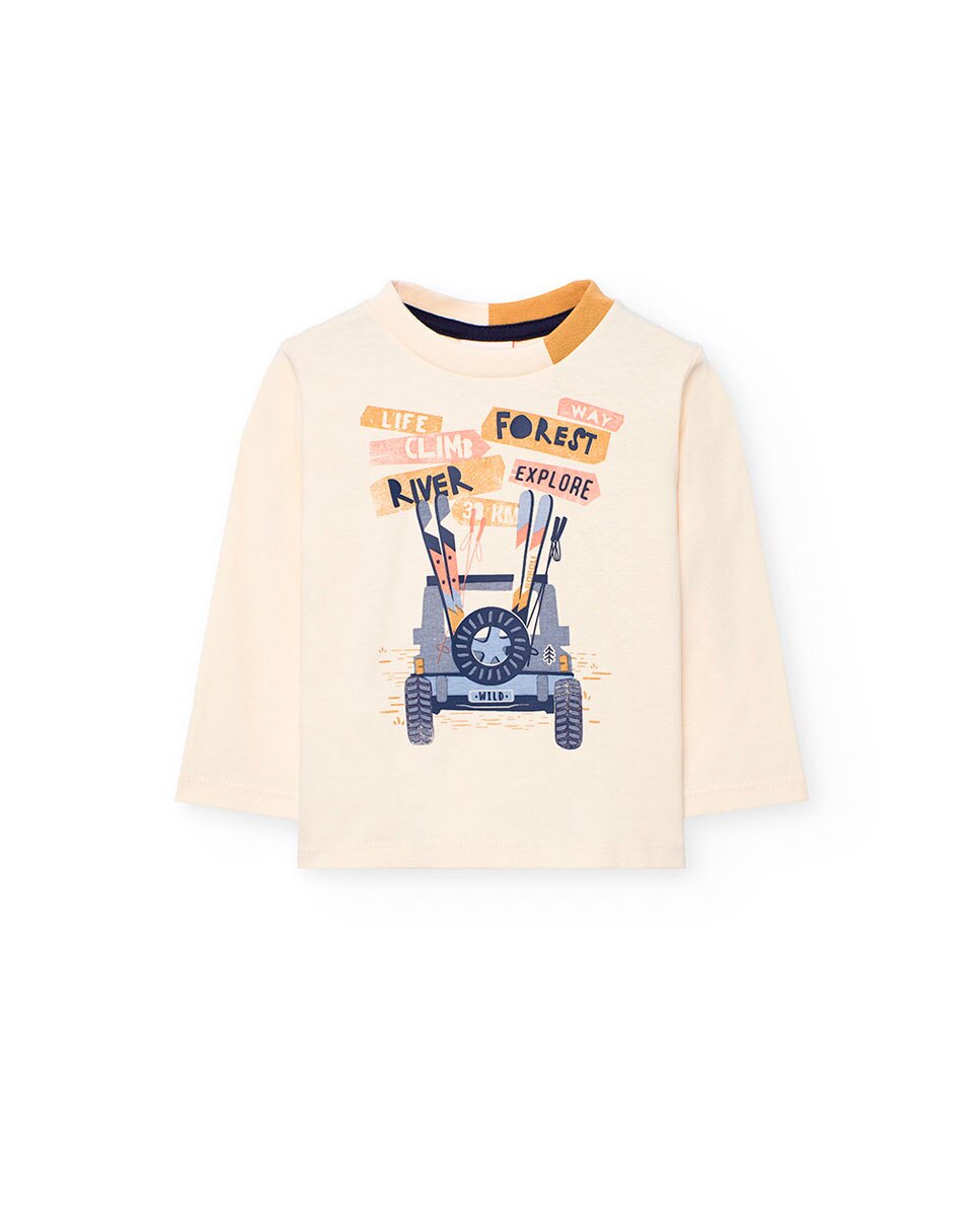T-shirt para Bebé com Gola Redonda e Manga Comprida Boboli Bege / Branco-1