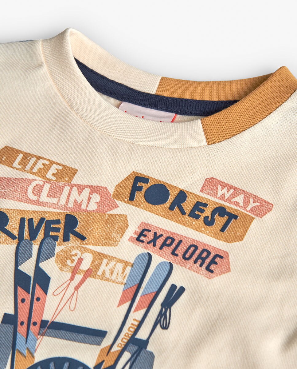 T-shirt para Bebé com Gola Redonda e Manga Comprida Boboli Bege / Branco-3