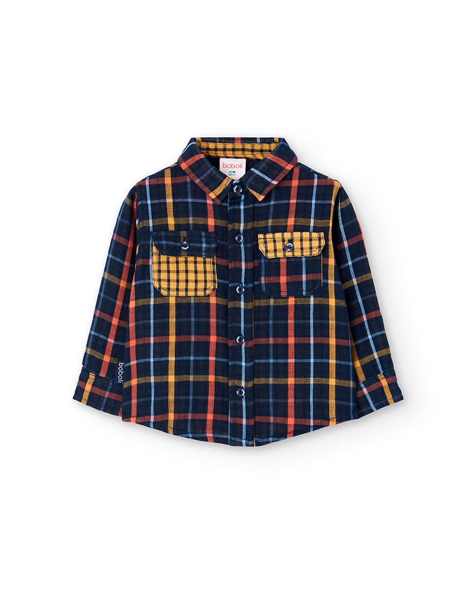 Camisa Infantil de Manga Comprida e Estampado Aos Quadrados Azul-marinho / Laranja-1