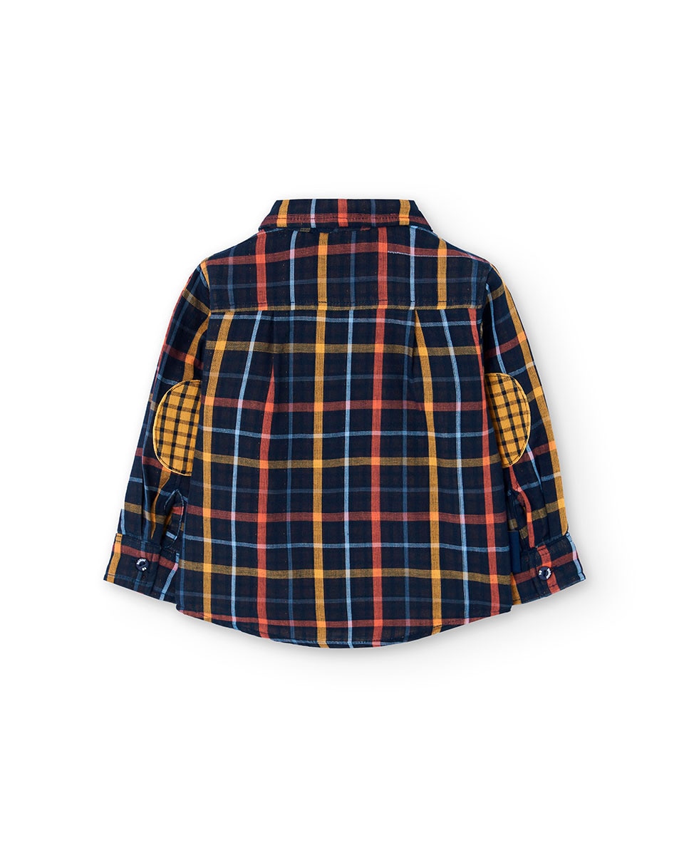 Camisa Infantil de Manga Comprida e Estampado Aos Quadrados Azul-marinho / Laranja-2