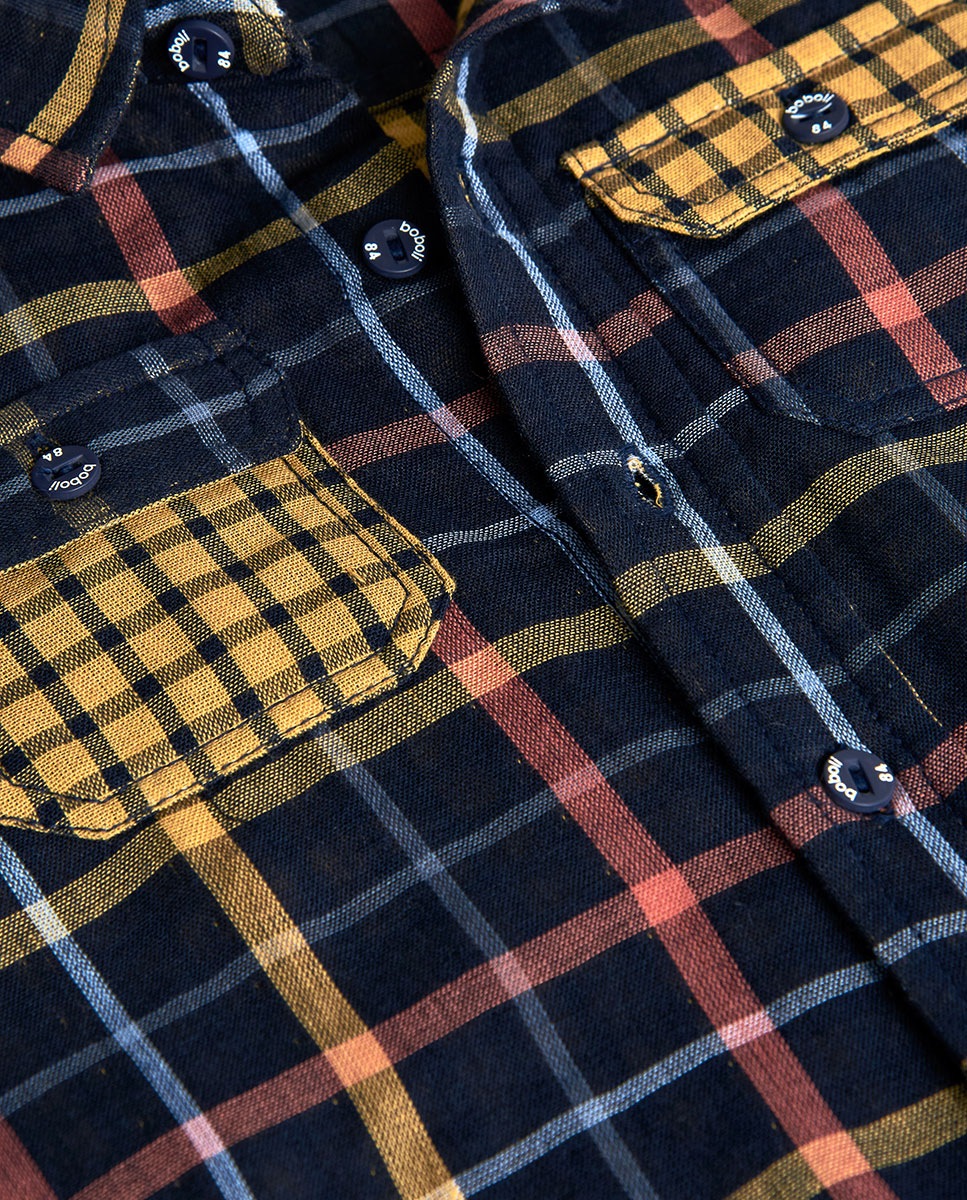 Camisa Infantil de Manga Comprida e Estampado Aos Quadrados Azul-marinho / Laranja-3