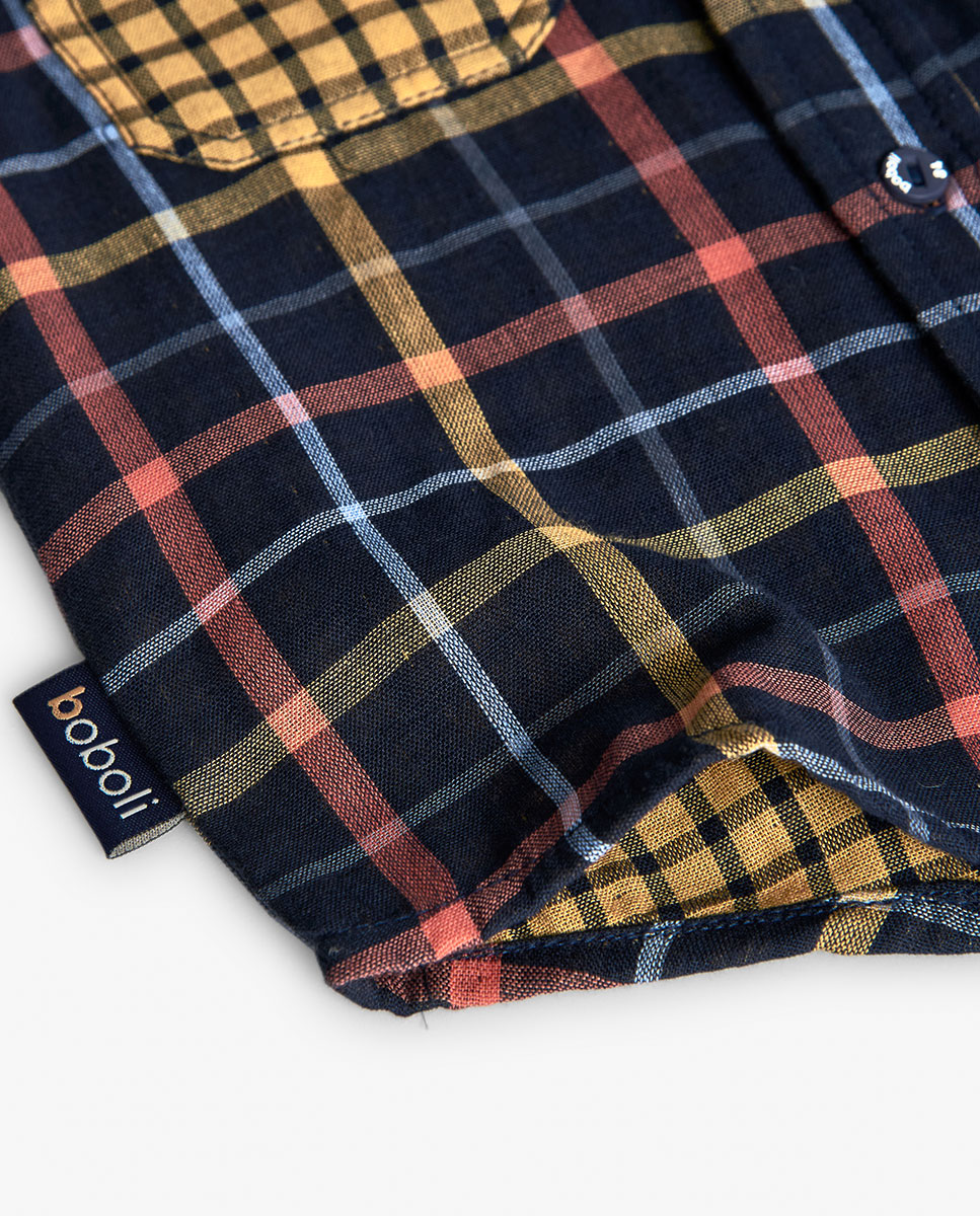 Camisa Infantil de Manga Comprida e Estampado Aos Quadrados Azul-marinho / Laranja-4