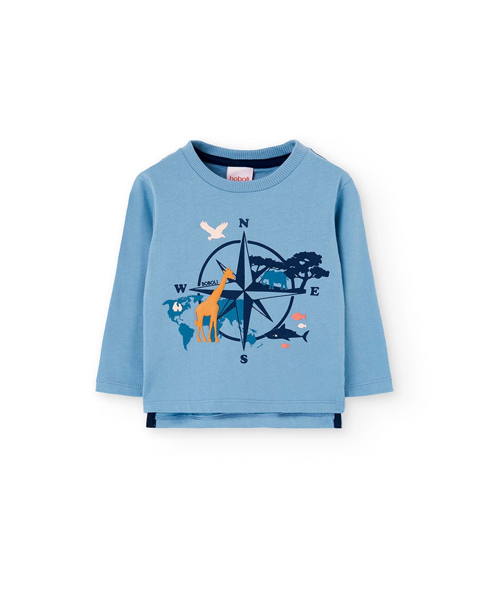 T-shirt Infantil com Gola Redonda e Manga Comprida Boboli Azul-claro-1
