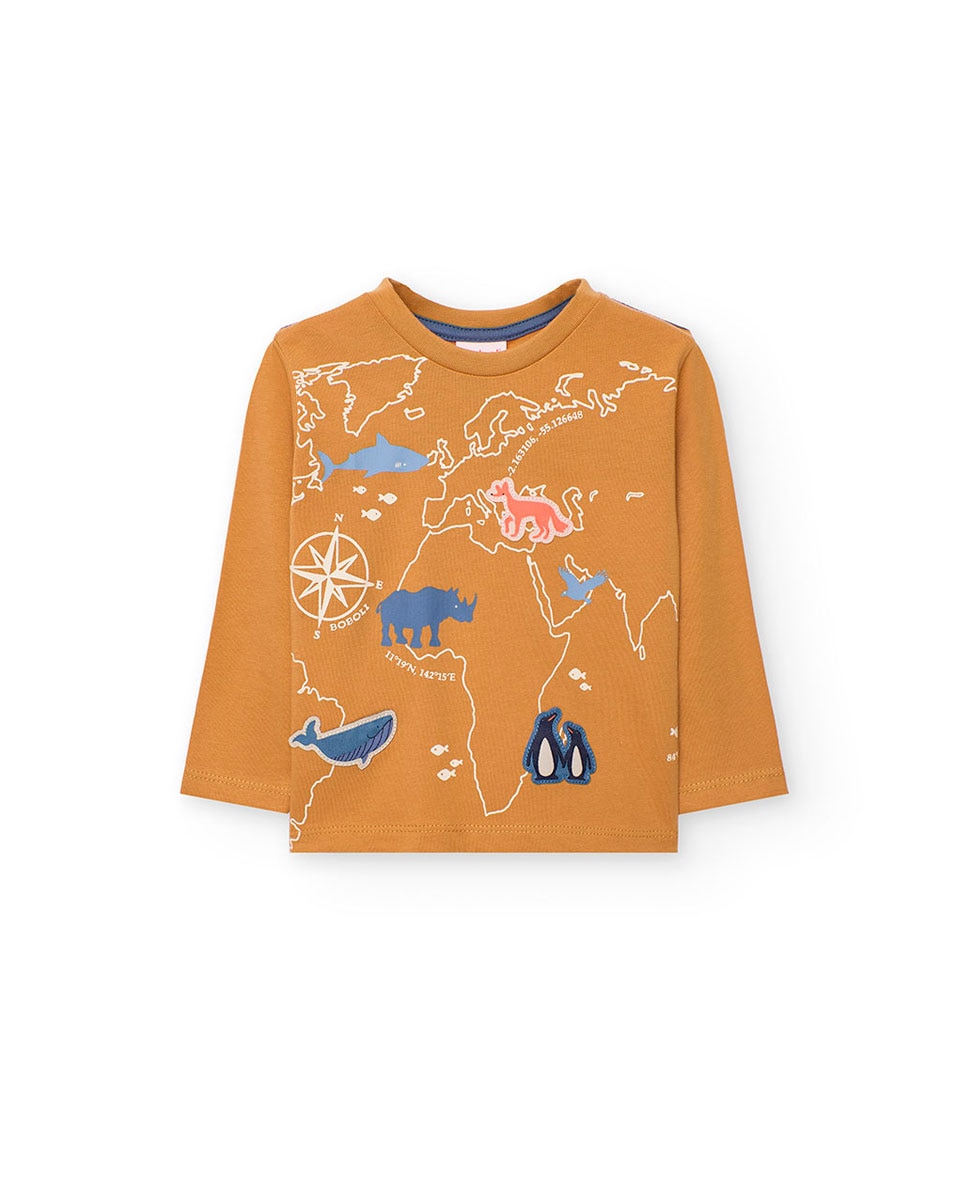 T-shirt Infantil com Gola Redonda e Manga Comprida Mostarda-1